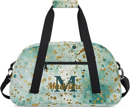 Personalized Kids Sports Duffel Bag with Name Custom Weekender Overnight Bag for Boys Girls Gym Bag Travel Dance Gymnastics Duffel Bag, Green Glitter Golden Shiny