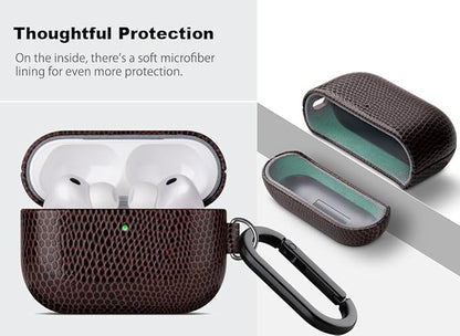 Handmade Case - for AirPods Pro 3 Case Cover with Keychain - Selected Vegan Leather, Lizard Skin Texture, Drop Protection Hard Shell Cover for AirPods Pro 3rd Generation Earbuds - Coffee