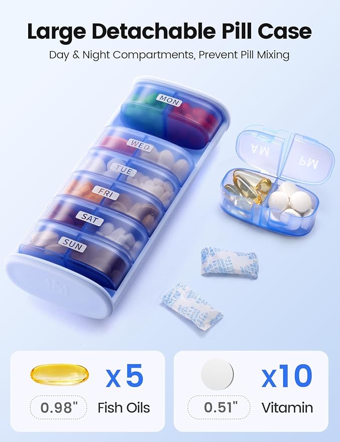 Vaydeer Large Weekly Pill Organizer 2 Times a Day,Metal 7 Day Travel Pill Box with Double Protection,AM PM Pill Case for for Medication, Vitamins, Fish Oils, Supplements(Champagne Gold)