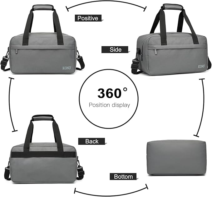 Kono Travel Duffel - 14L Under Seat Carry-On Sports Tote Gym Weekender Overnight Bag - 13.78"x7.87"x7.87" Gray