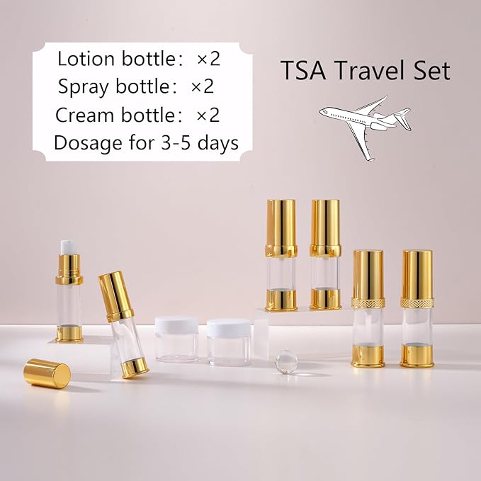 Golden Airless Pump Bottle Travel Set with Box Refillable Cosmetic Vacuum Pump Bottle Such as Hand Soap,Toner,Foundation,Hair Oil,Lotion and Cream (Golden, 5ml-10ml-20g)