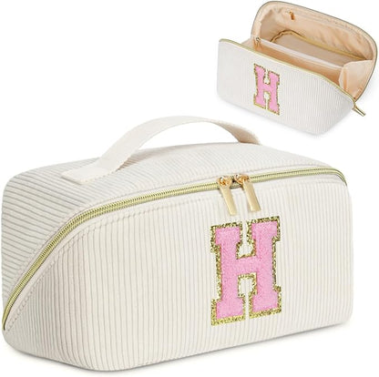 Personalized Initial Makeup Bag,Christmas Gifts for Girl,Preppy Bag Cosmetic Travel Bag Women,Travel Toiletry Organizer,Large Capacity Corduroy Stuff Bag,Cute Cosmetic Pouch Skincare Bag-H