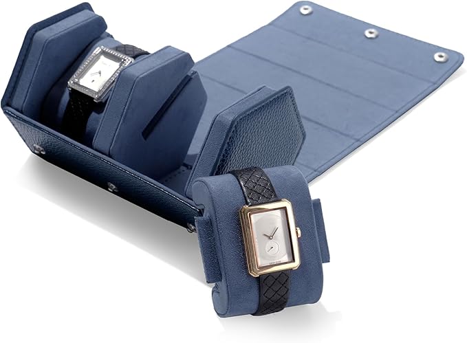 Oirlv Luxury Hexagonal Leather Watch Travel Case Watch Organizer Case for Men Portable Jewelry Storage Roll Organizer(2-Slot,Blue)
