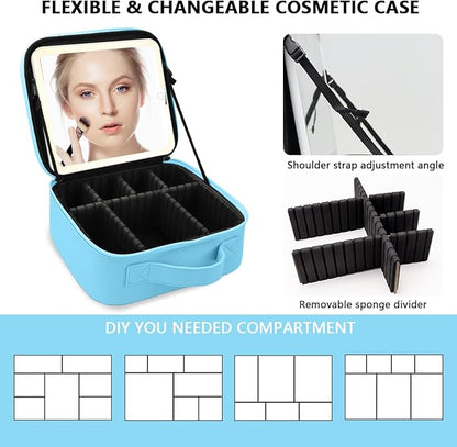 Travel Makeup Bag for Women and Makeup Artists Cosmetic Organizer Large Makeup Case,Travel Makeup Bag with Mirror 3 Color Setting,Portable Storage and Adjustable Dividers(blue)