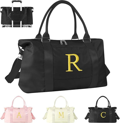 Personalized Initial Gym Dance Bag, Travel Duffel Bag for Teen Girls, Carry On Bag Overnight Weekender Bag with Trolley Sleeve, Birthday Gifts for Women Mom Daughter Graduation Gift(Letter R, Black)