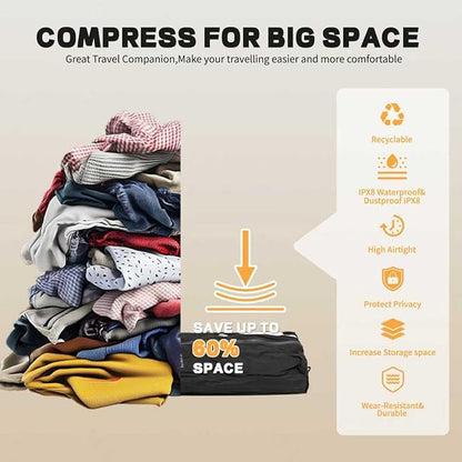 Reusable Vacuum Bags for Travel,Professional Waterproof IPX8 Zipper Vacuum Compression Bag for Suitcases Backpack,Space Saver Bags Packing Organizers for Clothing Packing(2PACK NO PUMP)