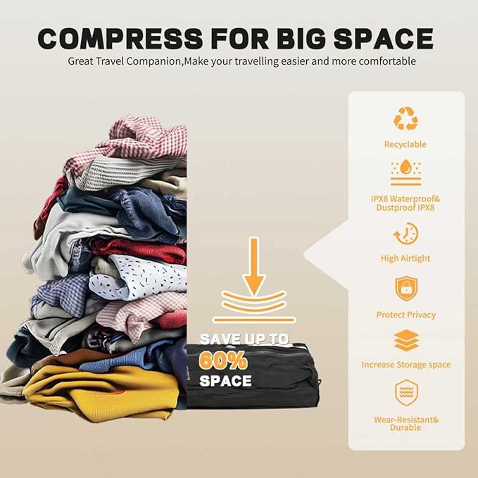 Reusable Vacuum Bags for Travel With Pump,Professional Waterproof IPX8 Zipper Vacuum Compression Bag for Suitcases Backpack,Space Saver Bags Packing Organizers for Clothing Packing(3PACK+PUMP)