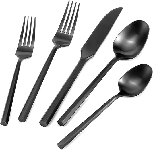 DEACORY Silverware Set Flatware Set Matte Black Cutlery Set Brushed Finished Hexagon Handle Heavy Stainless Steel 40 Pieces Dishwasher Safe Service for 8