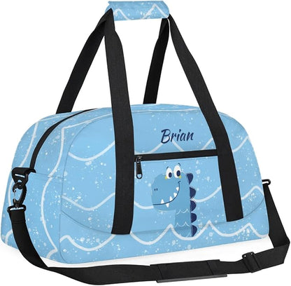 Personalized Duffel Bag for Kids Girls Boys, Dinosaur Wave Custom Name Gym Bag Overnight with Padded Handles Carry On Weekend Sports Travel Bag for School Practice Gymnastics Ballet