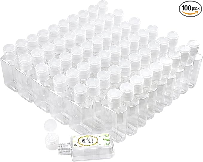 FOOCHY 2oz Empty Hand Sanitizer Travel Size Bottles, Refillable Clear Plastic Containers with Flip Cap for Shampoo, Lotion, Cream, Baby Shower, Tolitery (100 Pack)