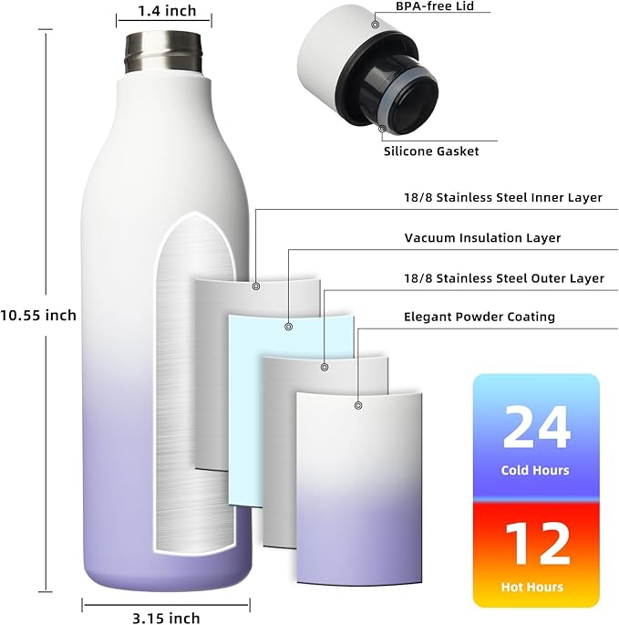 BJPKPK Insulated Water Bottles, 25 oz Stainless Steel Metal Water Bottle with Strap, BPA Free Leak Proof Jugs, Mugs, Flasks, Reusable Thermal Flasks for Sports & Travel, Lilac Elegance