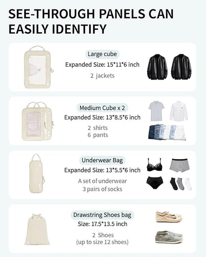 ECOHUB 5 Set Compression Packing Cubes for Suitcases Organiser Bags Set Travel Essentials with Shoe Bag for Traveling Tear-resistant Travel Accessories with ID Tag Expandable Packing Bags(Beige)