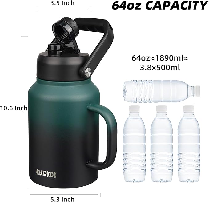 BJPKPK 64oz Insulated Water Bottle with Handle, Large Dishwasher Safe Half Gallon Water Bottle, BPA Free Water Jug, Wide Mouth Metal Flasks with Anti-slip Bottom, Army Green & Black