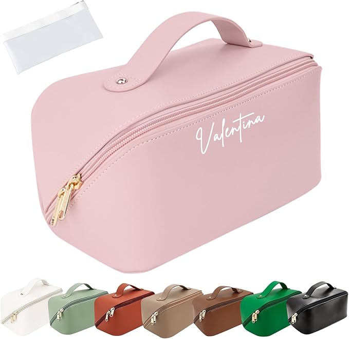 Personalized Travel Makeup Bag, Customized Large Capacity Cosmetic Bag with Printed Name Initials, PU Leather Toiletry Bag for Women, Wide Open Portable Pouch with Divider and Handle, Mothers Day Gift