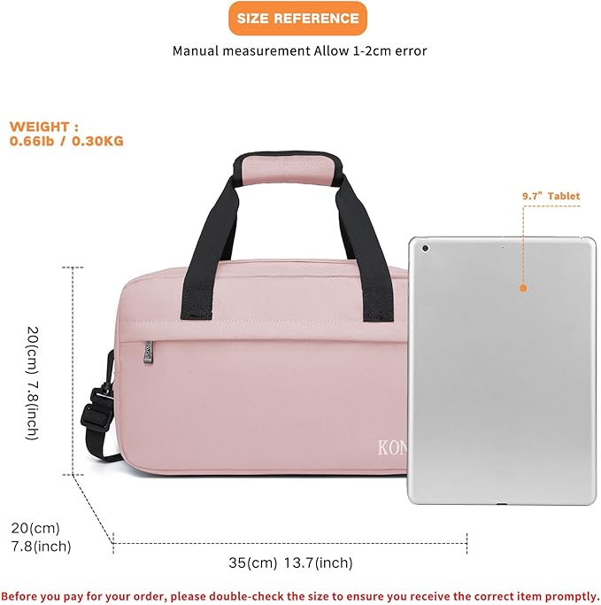 Kono Travel Duffel Bag 14L Under Seat Carry-on Bag Sports Tote Gym Bag Weekender Overnight Bags 13.78"x7.87"x7.87" Pink