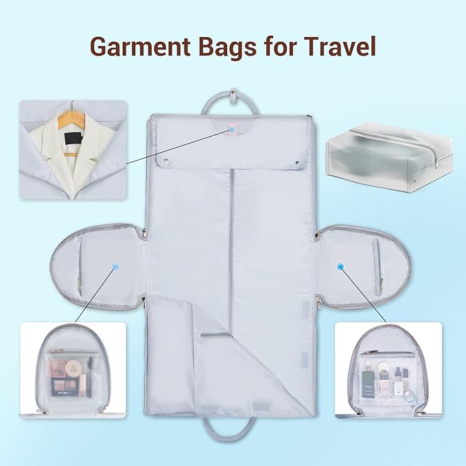 Garment Bags for Travel, Convertible Suit Travel Bag for Women, Stylish Carry On Garment Bag with Toiletry Pocket, Shoulder Strap and Shoes Compartment, 2 in 1 Foldable PU Leather Duffle Bag, Blue