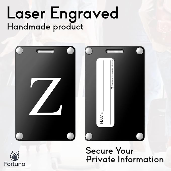 Premium 3-Layer Aluminum Luggage Tags by Fortuna - Easy to Claim, Laser-Engraved, Plastic-Free, and Eco-Friendly Luggage Tag Holders, 2-Pack, Black (Z)