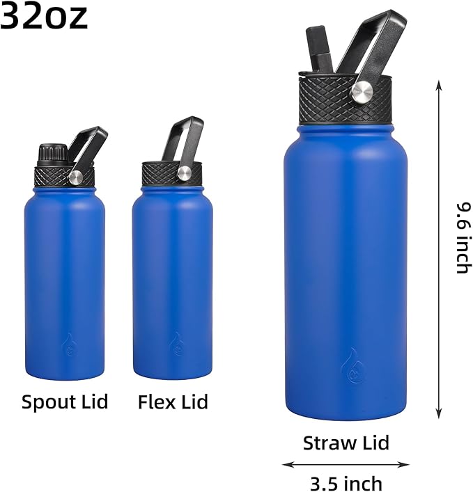 BJPKPK Insulated Water Bottles with Straw Lid, 32oz Metal Large Water Bottle with 3 Lids, Reusable Leak Proof BPA Free Thermos, Stainless Steel Canteen Water Bottle for Sports, Gym & Travel-Sapphire