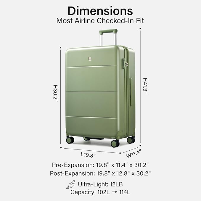 Hanke Expandable 28 Inch Luggage with Spinner Wheels, Hardside Large Suitcase, All-PC Hard Shell Checked Luggage, TSA Lock, Durable Checked-Large (Bamboo Green, 114L)