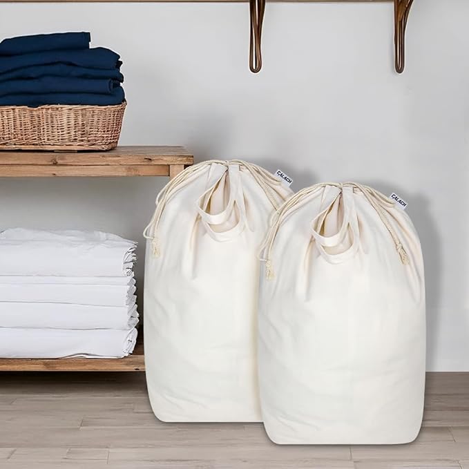 Canvas Laundry Bags with Handles & Square Base13.8"x 13.8", Large Heavy Duty Laundry Hamper Bag, College Dorm Washable Drawstring Cotton Dirty Clothes Sack (Beige,2 Pack)