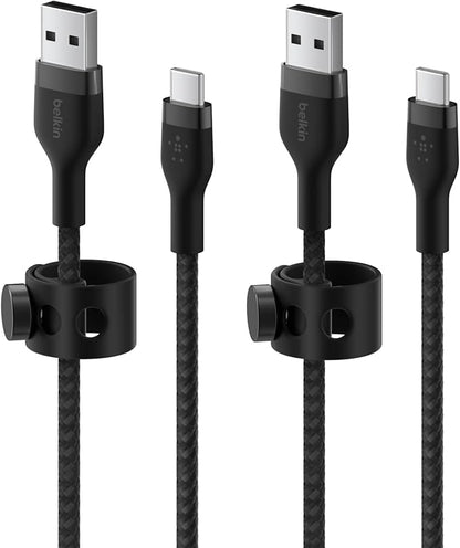 Belkin BoostCharge Pro Flex Braided USB-C to USB-A Cable (6.6ft/2M), USB-C USB-IF Certified Fast Charging Cable for iPhone 16, iPad Pro, Galaxy S25, Pixel, Nintendo Switch 2 & More - Black (2-Pack)