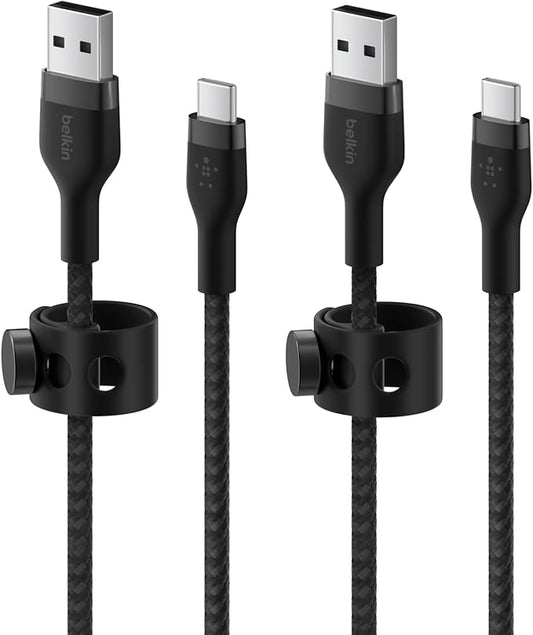 Belkin BoostCharge Pro Flex Braided USB-C to USB-A Cable (6.6ft/2M), USB-C USB-IF Certified Fast Charging Cable for iPhone 16, iPad Pro, Galaxy S25, Pixel, Nintendo Switch 2 & More - Black (2-Pack)