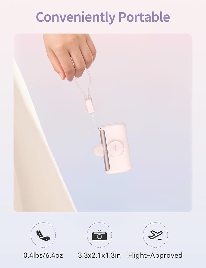 RORRY Mini Portable Charger USB C, 10000mAh PD 22.5W Fast Charging Small Power Bank, Travel Essential Battery Pack for iPhone 17/16/15 Series and Apple Watch Ultra/11/10/9/SE, iPad, Pink