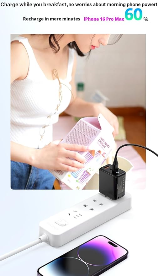 USB C Charger 65W, 3 Ports GaN Fast Charger Block, Compact Foldable Wall Charger with USB-C Cable for iPhone 16 Pro Max, iPad, MacBook Pro/Air,Galaxy S24,Dell XPS 13,Pixel 8 and More (White)