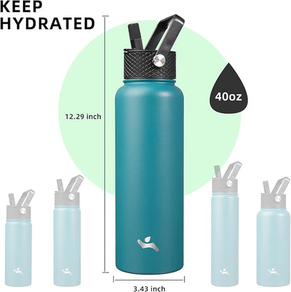 40oz Insulated Water Bottle Stainless Steel Sport Bottles with 3 Lids,Light Blue