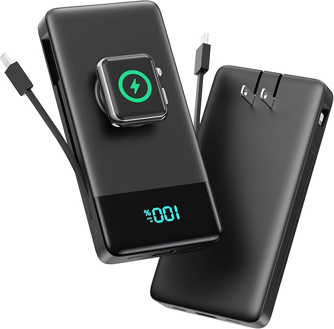 FOCHEW Portable Charger for iPhone with Built in Cables & Wall Plug,6-in-1 10800mah Power Bank with iWatch Charger, QC4.0+25W PD Fast Charging LCD Display Battery Pack for iPhone 16/15/14,Android