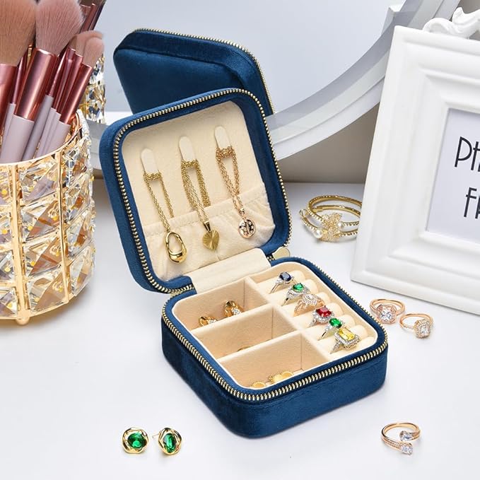 TAIMY Plush Velvet Travel Jewelry Box, Small Travel Jewelry Case, Portable Mini Jewelry Travel Organizer Boxes for Rings Earrings Necklaces Bracelets(Navy Blue,No Mirror)