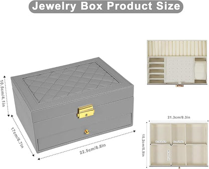 GUOER Jewelry Box for Women Girl Wife - Large PU Leather Jewelry Organizer Storage Case with Two Layers Display for Earrings Bracelets Rings Watches (Grey)
