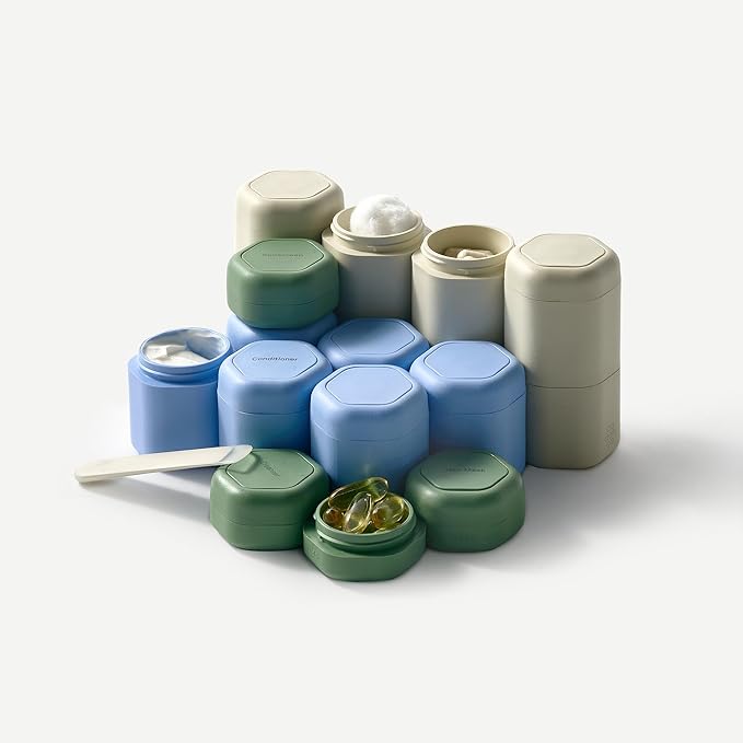 Cadence Travel Containers - 2 Piece Haircare Set - Magnetic Travel Capsules - For Shampoo, Conditioner, Hair Styling Product - 1 Small & 1 Medium Capsule - Shampoo & Conditioner Labels - Eucalyptus