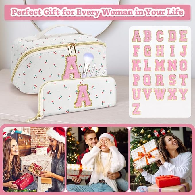 Personalized Travel Makeup Bag Set,Initial Travel Cute Cherry Makeup Organizer Bag,Toiletry Skincare Cosmetic Bag,Christmas Gifts for Women/Girls,Open Flat Toiletry Pouch with Brush Pocket-Z