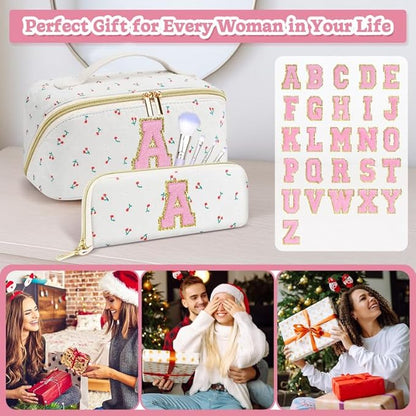 Personalized Travel Makeup Bag Set,Initial Travel Cute Cherry Makeup Organizer Bag,Toiletry Skincare Cosmetic Bag,Christmas Gifts for Women/Girls,Open Flat Toiletry Pouch with Brush Pocket-L