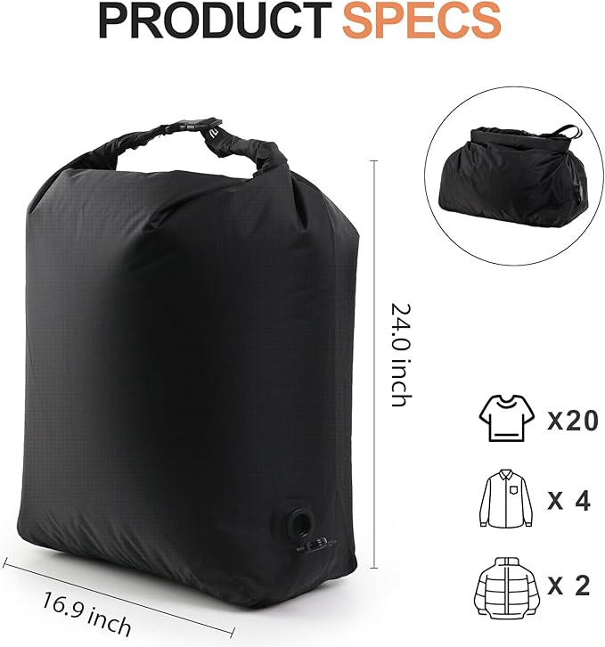 Travel Laundry Bag, Vacuum Compression Dirty Clothes Travel Bag Waterproof Wet Dry Bags Large Capacity Space Saver Bags Reusable Camp Clothes Organizer for Sports Dorm Laundromat (1 Pcs) (Black, L)