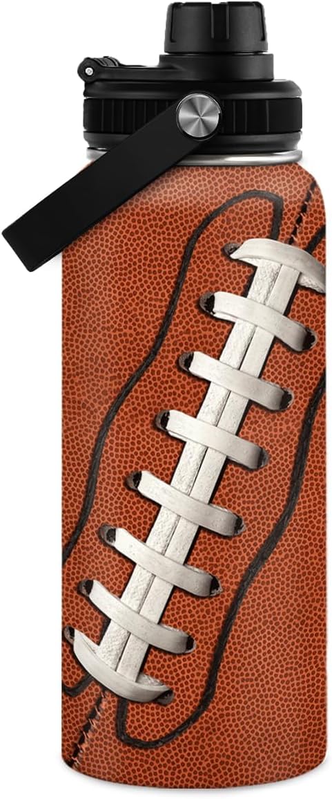 Football Water Bottle - 32oz Insulated Stainless Steel Sports Bottles - Gifts for Men Football Lovers Fan Players
