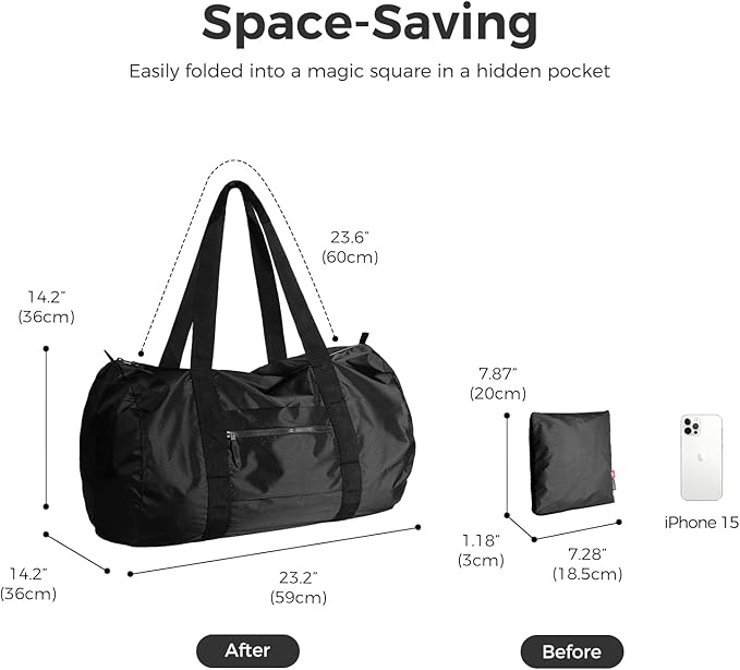 pack all 45L Foldable Duffel Bag, Water-Resistant Sports Gym Bag, Portable Weekender Bag Lightweight for Travel, Fitness and Camping (Black)