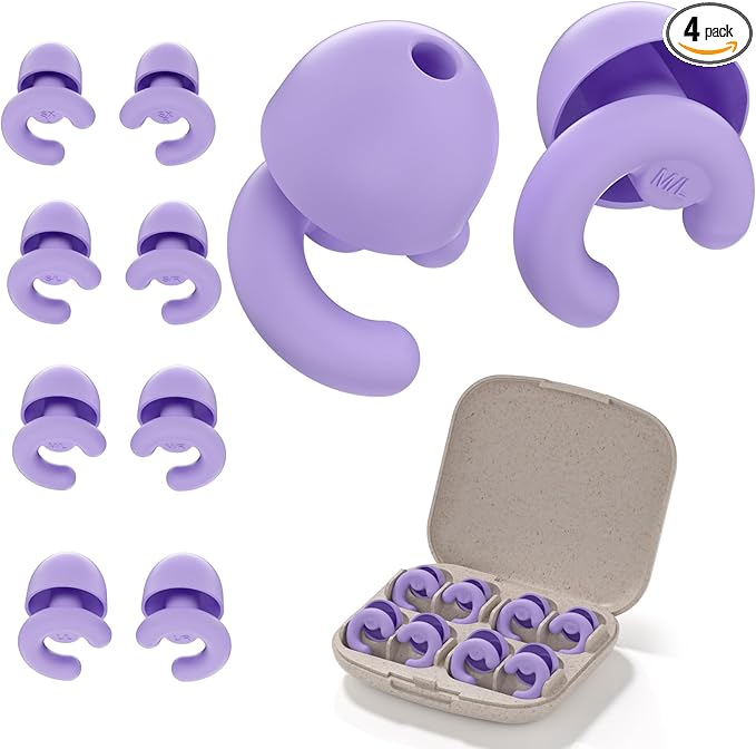 Ultra-Soft Noise Cancelling Ear Plugs, Reusable Silicone for Sleep Concerts Travel Office,33dB (NRR),Ergonomic Integrated Design Fit for Small Ear Canals Noise Sensitivity (Purple, 4 Pairs)