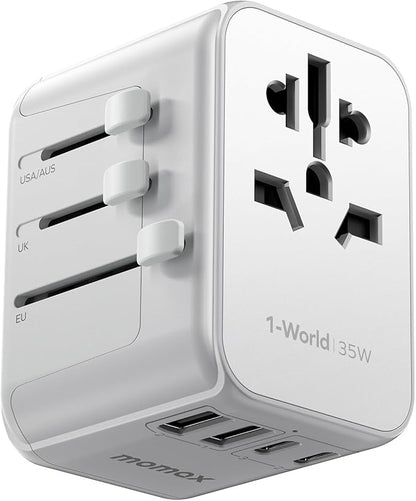 MOMAX European Travel Plug Adapter, 35W PD Fast Charging, Universal Travel Adapter with 3 USB-C and 2 USB-A Ports, International Power Adapter for Most Europe, USA, Japan, Australia (Type C/A/G/I)