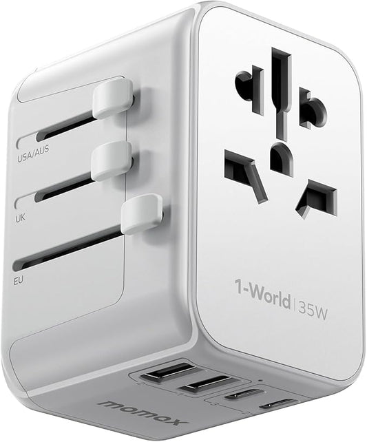 MOMAX European Travel Plug Adapter, 35W PD Fast Charging, Universal Travel Adapter with 3 USB-C and 2 USB-A Ports, International Power Adapter for Most Europe, USA, Japan, Australia (Type C/A/G/I)
