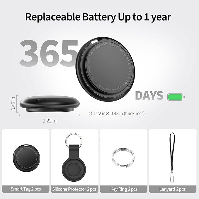 Tracker Tags 2 Pack, Bluetooth Smart Tag for Item Finder, Compatible with iOS Find My, Replaceable Battery & Long Battery Life, Item Locator for Keys, Luggage, Bags, Wallet with Key Chain