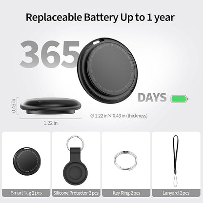 Tracker Tags 2 Pack, Bluetooth Smart Tag for Item Finder, Compatible with iOS Find My, Replaceable Battery & Long Battery Life, Item Locator for Keys, Luggage, Bags, Wallet with Key Chain