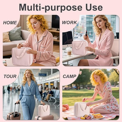 Glint&Glide Travel Makeup Bag with LED Lighted Detachable Mirror, Tri-light Dimmable - Hanging Multi-Compartment Organizer for Women, Portable Cosmetic Case with Four Divided Storage, Pink