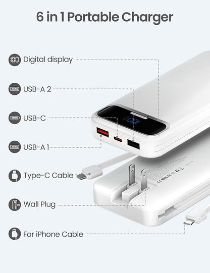 12000mAh Lightweight-Portable-Charger-Power-Bank with Built-in Cables and AC Wall Plug, PD20W USB-C Fast Charging Battery Pack, LED Display External Travel Phone Charger for All iPhone,Samsung,Android