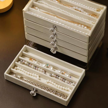 SPAKOWN Necklace Organizer Box, Velvet Necklace Box Holder Tray with Clear Lid Chains Showcase Stackable Necklace Storage for Pendant Bracelet (5 Drawers - Beige)