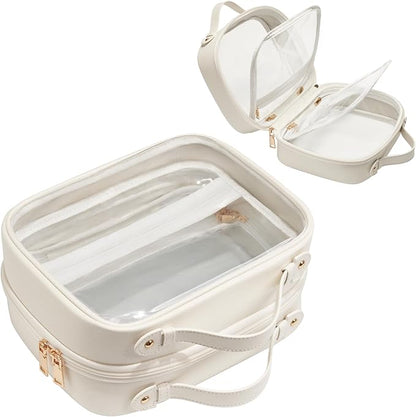 Clear Cosmetic Bag Double Layer Travel Toiletry Bag Clear Makeup Bag Case with 4 Compartments, Transparent Travel Bag for Toiletries, Large Toiletry Bag for Women Cosmetic Case (White, Large)