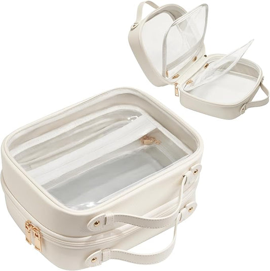 Clear Cosmetic Bag Double Layer Travel Toiletry Bag Clear Makeup Bag Case with 4 Compartments, Transparent Travel Bag for Toiletries, Large Toiletry Bag for Women Cosmetic Case (White, Large)