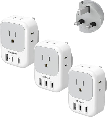 US to UK Plug Adapter 3 Pack, TESSAN Type G Adapter for Travel with 4 Outlets 3 USB (2 USB-C), Power Adaptor for US to UK Ireland London Scotland Kenya Dubai Singapore Hong Kong