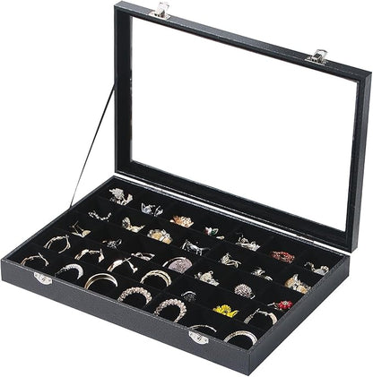 Coward Ring Earring Jewelry Organizer Box, 35 Grids Dustproof Display Holder Case, Black Velvet Jewelry Bead Display Tray Case with Transparent Glass Lid for Momen Girls